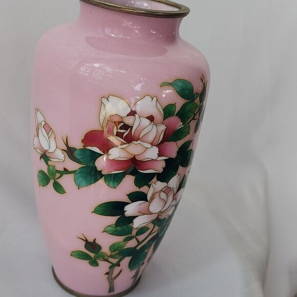 Vintage Pink Floral Cloissone Enamel Vase MCM Japan Coquette - Picture 4 of 12
